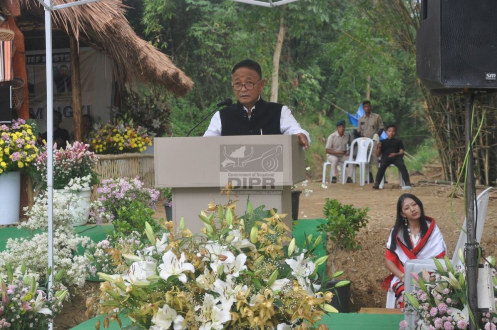 Minister for Forest, Environment & Climate Change, C.L. John addressing the second day of the Chega Gaadi/Lamsim Ngyi-cum-Mini Hornbill Festival held at Beikingpuichak, District Headquarter, Peren on October 30.